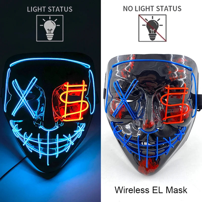 11,50 euros !!!  Masque LED Néon Sans Fil  Brille dans le Noir Masque Lumineux Stylé Soirées, Discothèque, Insta , Tiktok Horreur Cosplay Masque Stylé pour Halloween Prank ( plusieurs Couleurs dispo )