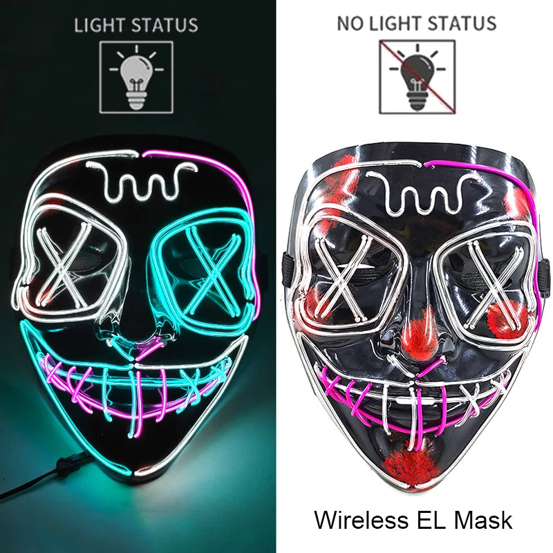 11,50 euros !!!  Masque LED Néon Sans Fil  Brille dans le Noir Masque Lumineux Stylé Soirées, Discothèque, Insta , Tiktok Horreur Cosplay Masque Stylé pour Halloween Prank ( plusieurs Couleurs dispo )